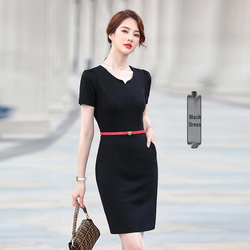 

Женское черное платье с V-образным вырезом и коротким рукавом для профессиональной носки в ювелирных магазинах и салонах красоты 2XL