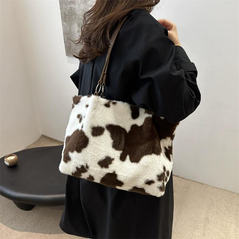Yogodlns Large Capacity Shopper Bags For Women Winter Travel Tote Bag Cow Printing Plush Shoulder Bag Ladies Designer Handbag