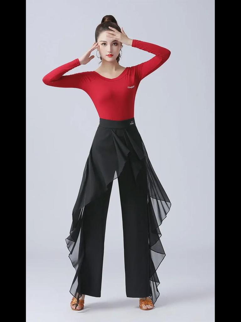 Women's High Waist Ruffled Wide-Leg Latin Dance Pants
