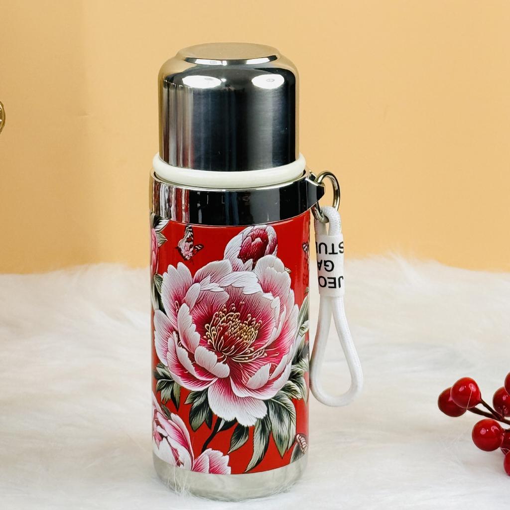 Water Bottle111 Stainless Steel Thermos Cup High Value Rose Peony Tea Water Cup with Lifting Rope Portable Large Capacity Cup