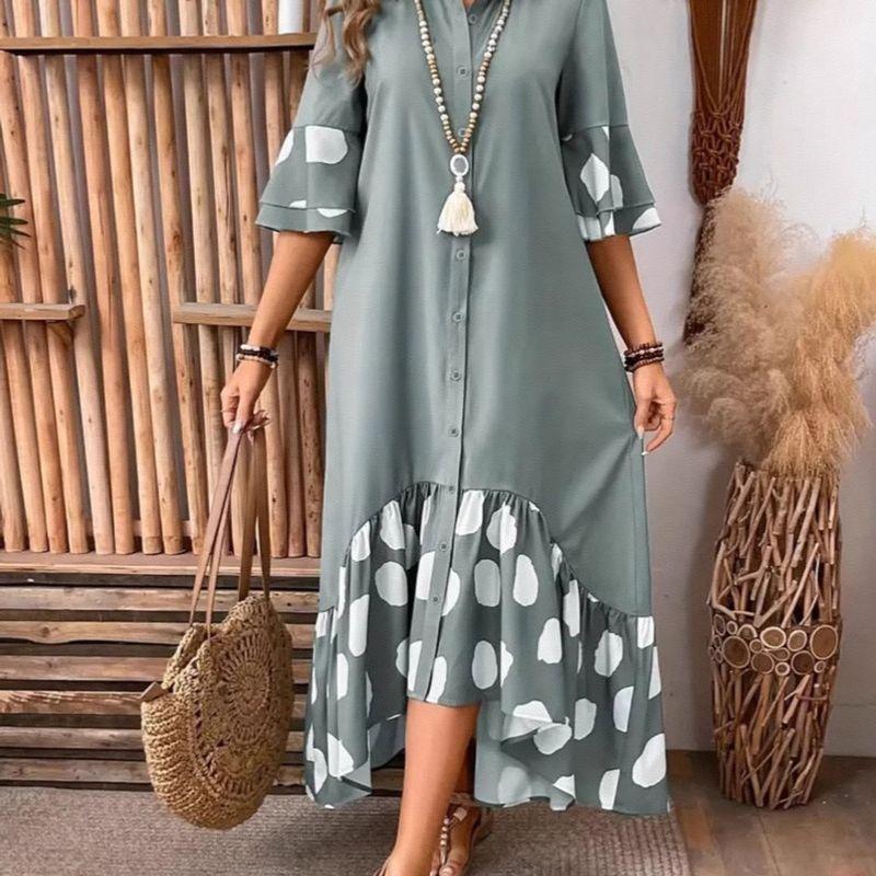 Patchwork Dress European and American 2025 Summer New Women Fashion Casual Patchwork Polka Dot Long Shirt Dress