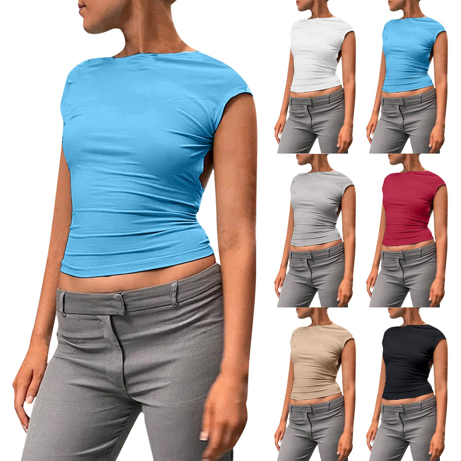 

Women s Sexy Open Back Short Sleeve Slim Round Neck Casual Open Navel T-shirt