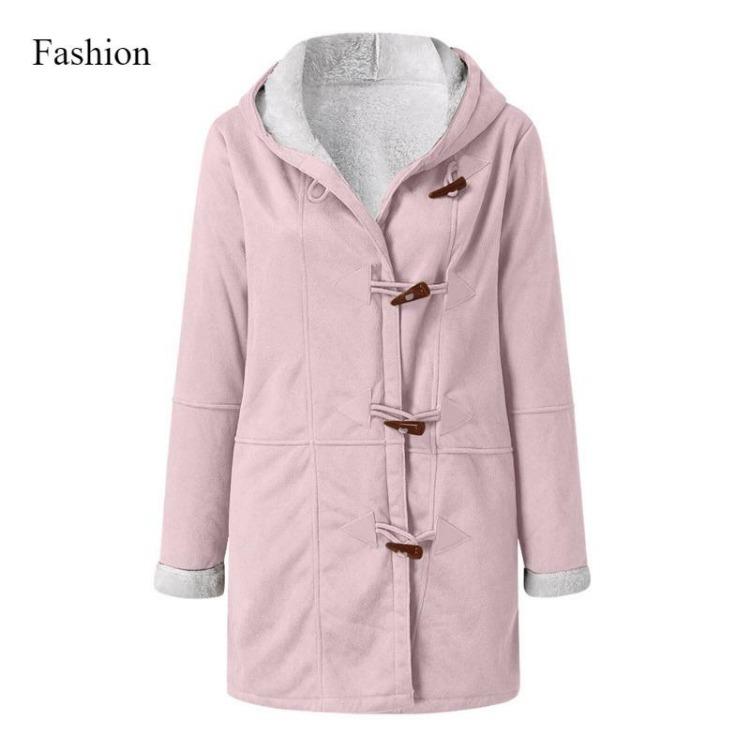 Winter Women's Coat Medium Long Hooded Casual Button Cardigan Warm Solid Color Simple Original Style