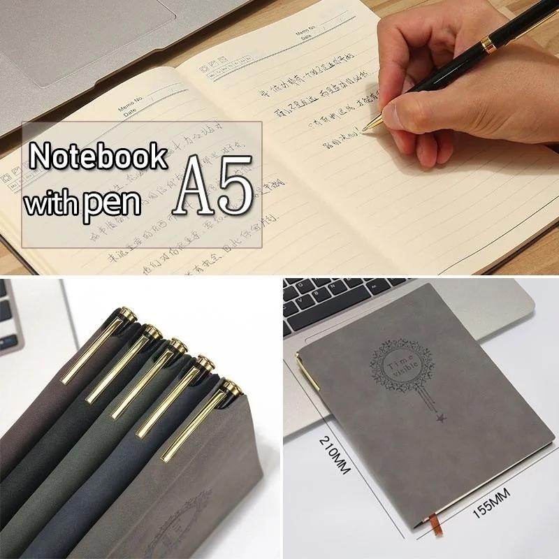 A5 Retro Leather Office Notepad with Pen Printing Travel Diary Business Men Notebook Students School Supplies Korean Stationery