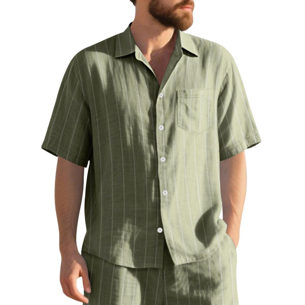 Men's Linen Button Down Shirt Vertical Stripe Pattern Short Sleeve Casual Loose Fit Breathable Summer Shirt with Turn Down Collar