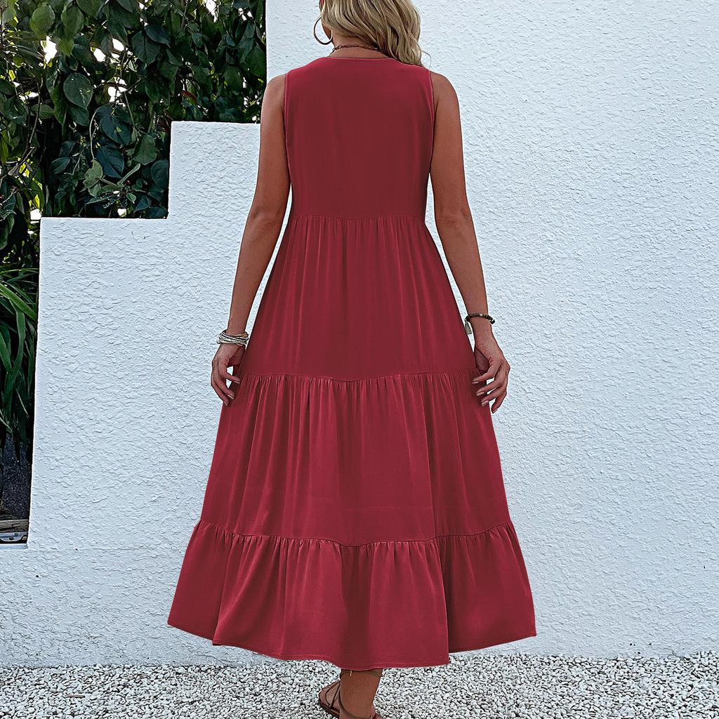 QICED Summer Sleeveless Pleated Skirt Loose V-neck Long Dress