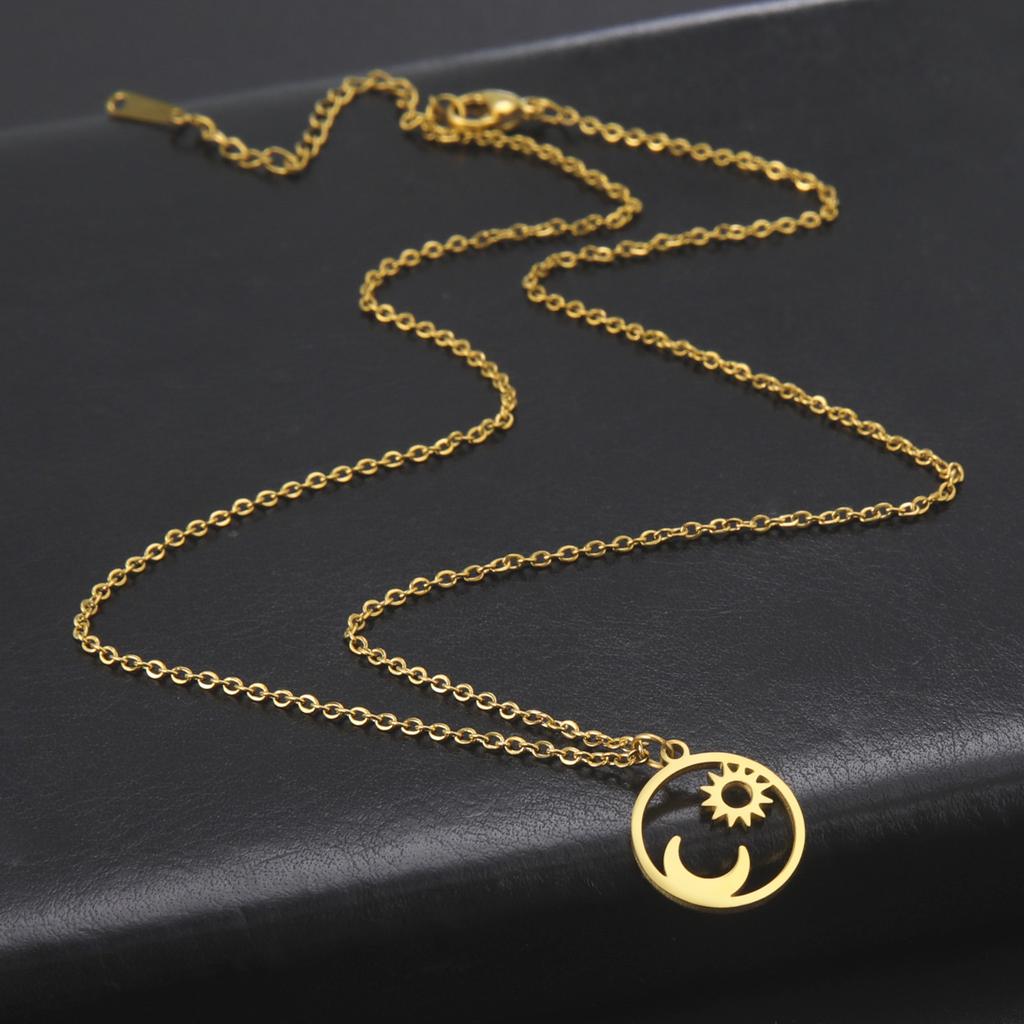 Retro Sun Moon Pendnat Necklace Earrings with Crystl Fashion Necklace for Women and Men-Gold Set