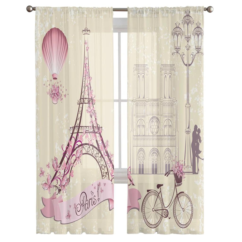 France Paris Tower Hot Air Balloon Bicycle Retro Tulle Curtains for Living Room Drapes Window Sheer Curtains for Bedroom Decor