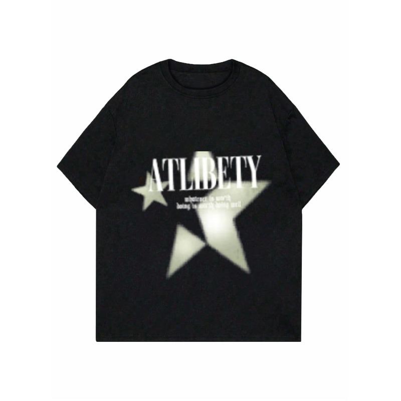 Casual Loose T Shirt Black Star Print And Text ATLIBETY Women Fashion Top For Daily Wear And Street Style