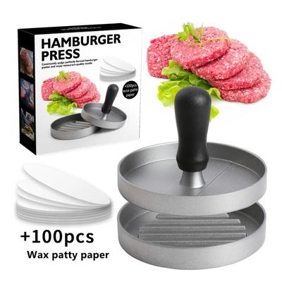 1 buc. Presă de hamburgeri din aluminiu cu 100 de bucăți de hârtie uleioasă Produs de cotlet antiaderente pentru burgeri, unelte pentru carne, gadgeturi de bucătărie