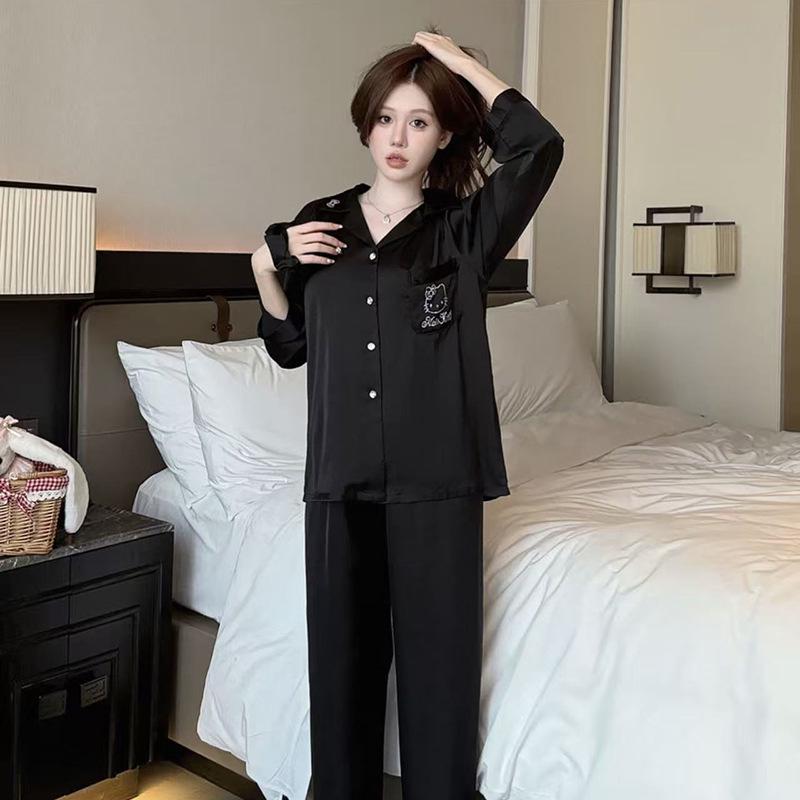 

Женский весенний пижамный комплект из ледяного шелка и сатина с длинным рукавом - Дизайн кошки M чёрный