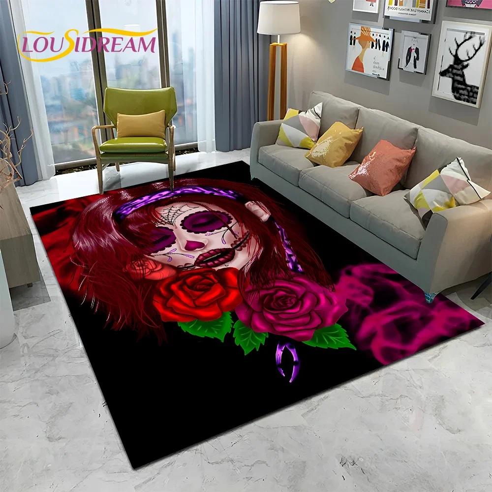 Horror Gothic Female Skull Dead Girl Teppich Teppich für Zuhause Wohnzimmer Schlafzimmer Sofa Fußmatte Dekor, Kinderbereich Teppich rutschfeste Bodenmatte