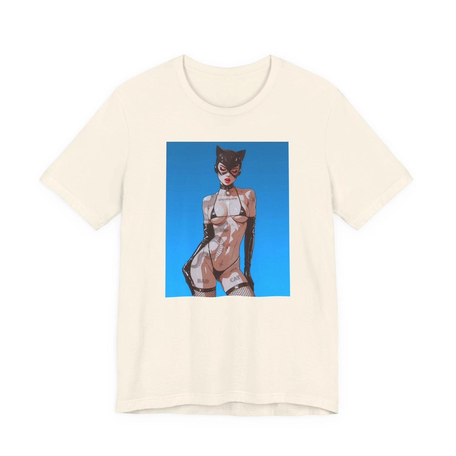 Sexy Pinup Catwoman Illustration Streetwear Casual T-Shirt Crewneck Unisex Tee XS