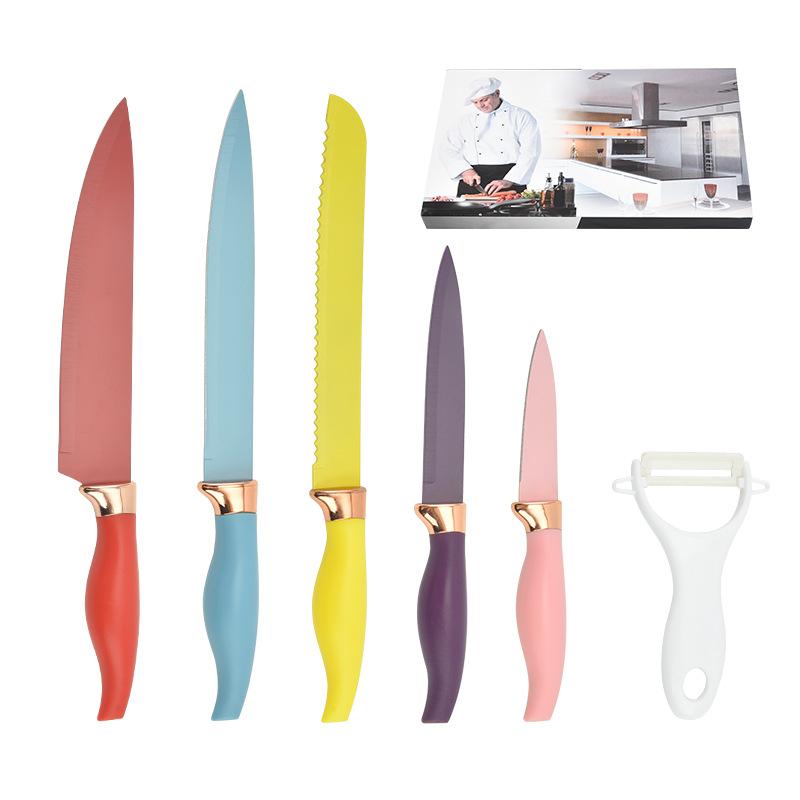 Fargerik rosegull seks deler rustfritt stål kjøkkenknivsett Gaveeske knivsett