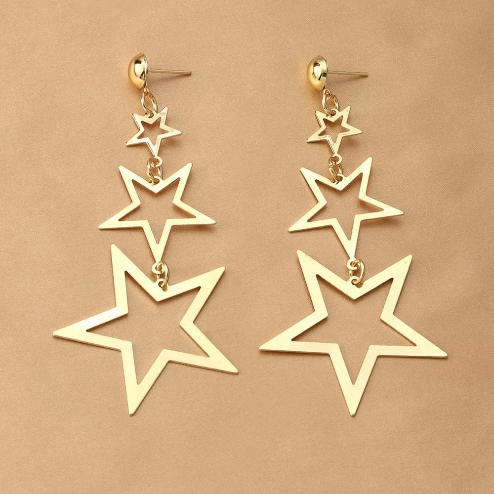 Star Metal Long Drop Earrings Classic Kpop Sweet Double Stars Temperament Girl's Wear Pendants Earrings for Women Jewelry