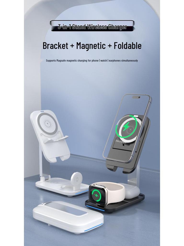 Foldable 15W Magnetic Wireless Charger: 3-in-1 Multifunctional Charging Station for Apple Devices.