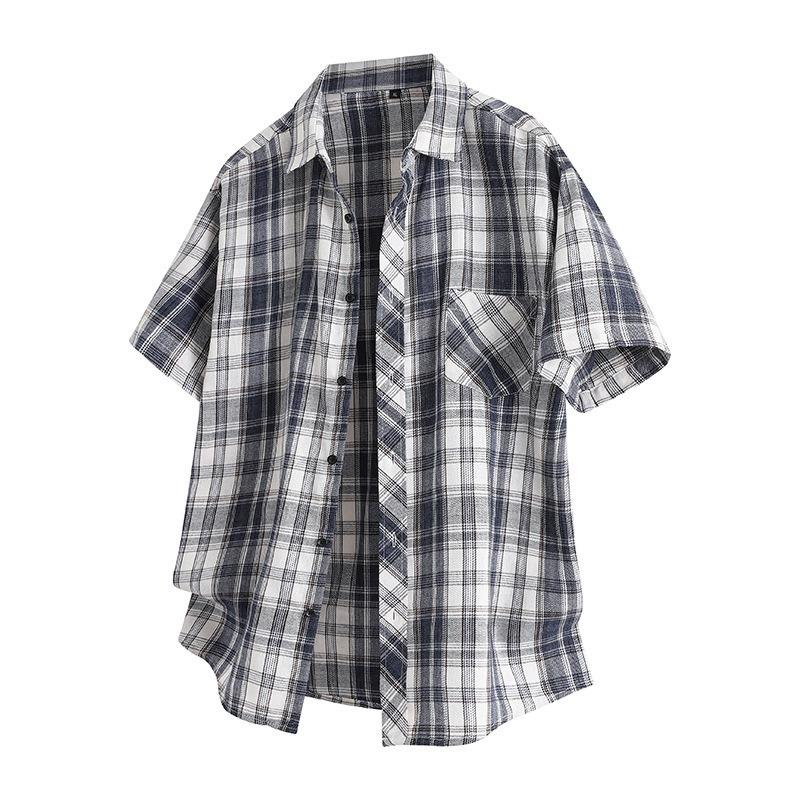 Lapel plaid shirt teenagers trendy casual cardigan short-sleeved shirt men's summer