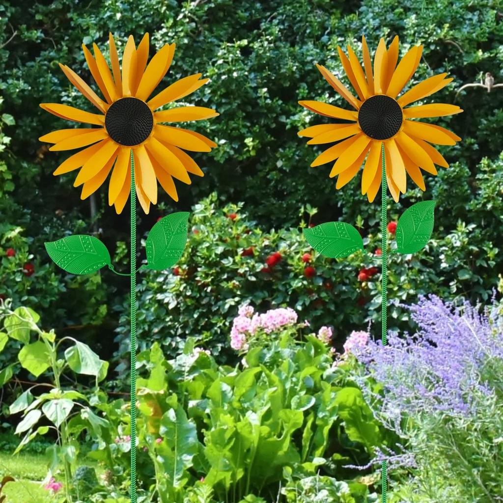 Sunflower windmill ground plug 3D metal sunflower art sculpture wind spinner sunflower stake wrought iron garden lawn decoration