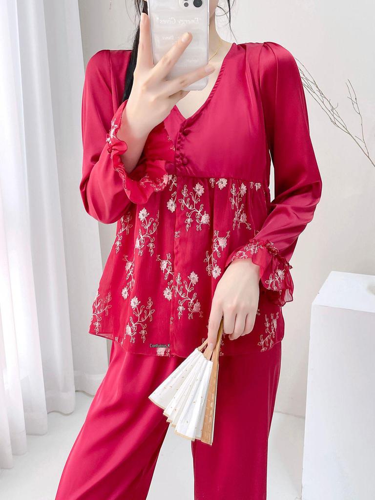 2025 Damen Spitzen Eisseiden Pyjama Dreiteiliges Set - Prinzessinnenstil Langarm & Hose für Zuhause oder Outdoor