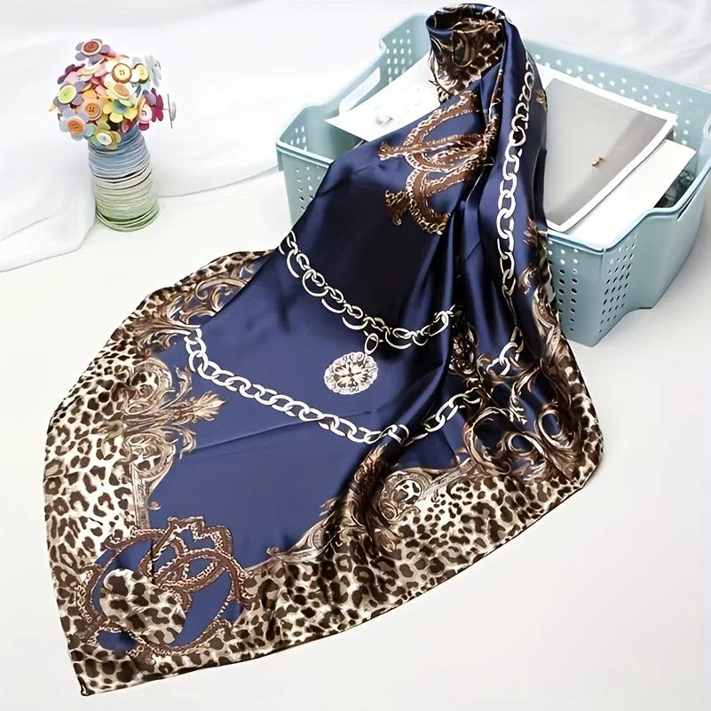  New Leopard Chain Print Square Turban Scarf Classic Satin Bandana Vintage Hijab Women Head Wraps Windproof Shawl