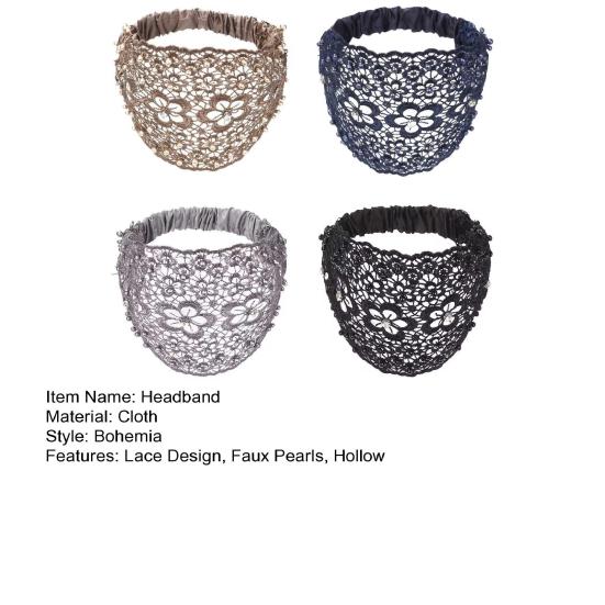 4Pcs Women Headband Floral Lace Hollow Design Faux Pearls Hair Hoop Boho Style Wide Elastic Hair Accessories