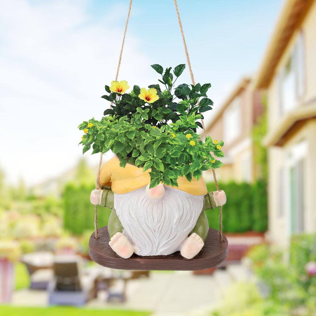 Swing Plant Pot Resin Cute Faceless Gnome Figurine Decorative Hanging Planter for Indoor Outdoor