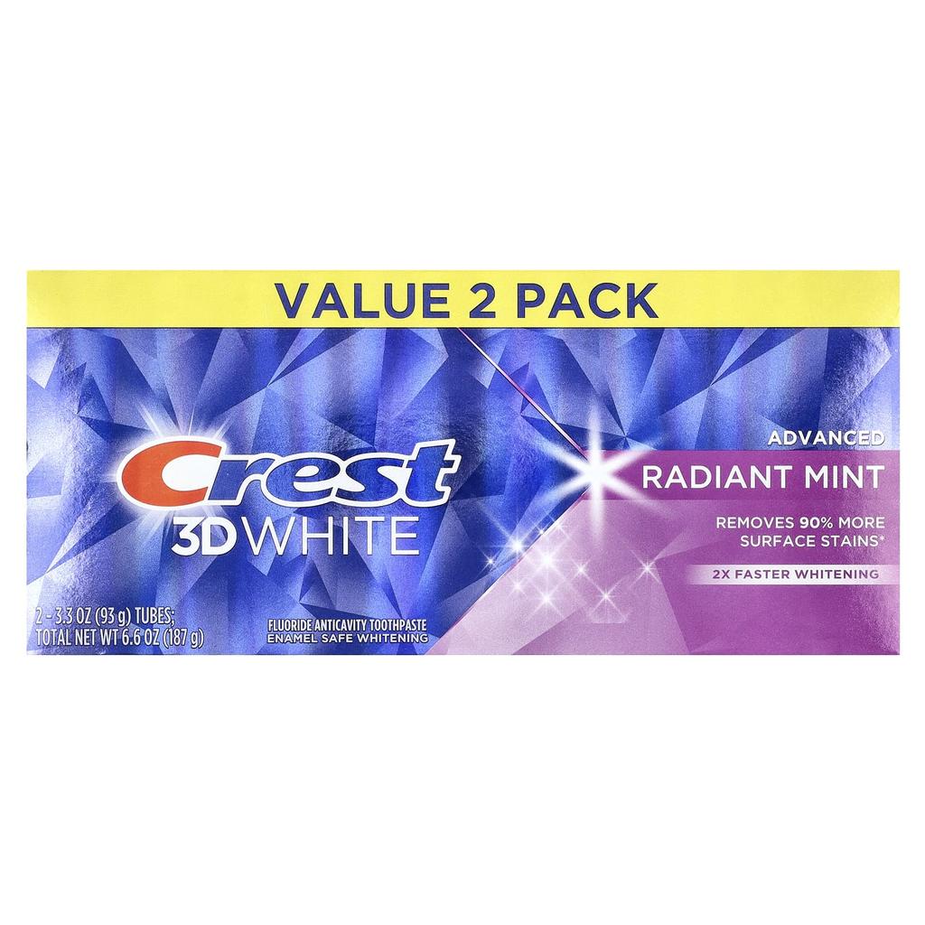 3D White Advanced Fluoride Toothpaste, Radiant Mint, 2 Pack, 93G (3.3Oz) Each