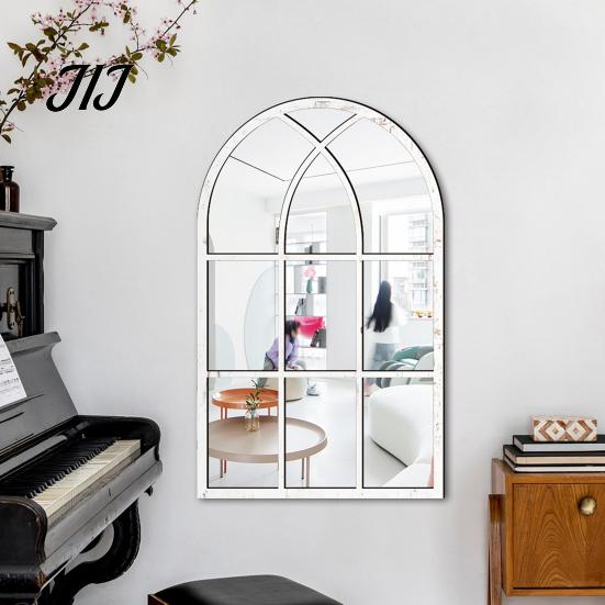 Arched Wall Mirror Stickers Window Decor, Wooden Frame Acrylic Fake Mirror, Minimalist Arch Self-Adhesive Windowpane Sticker for Living Room