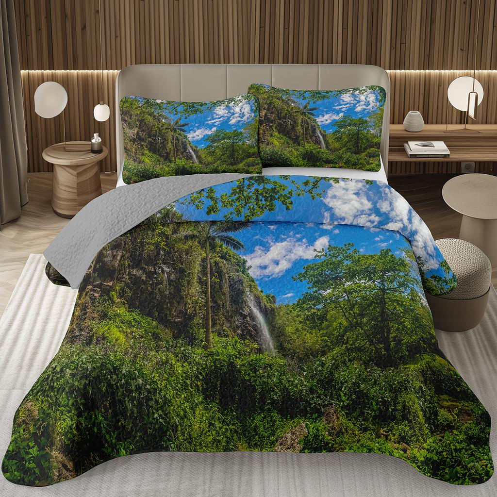 Forest Bedspread King/Full Magical Woodland Jungle Coverlet Set Dreamy Misty Scene Quilted Bedding Set Reversible Grey Bed Cover