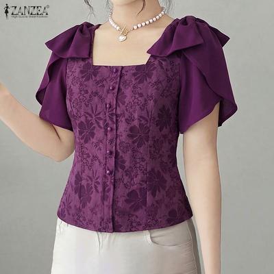 Blusa Slim Casual de Verano para Mujer con Cuello Cuadrado y Manga Corta