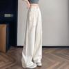 Women's Summer High-Waisted Ice-Silk Wide-Leg Denim Jeans with Distressed Holes Draping Style with Rhinestone Accents and Floor-Sweeping Hem