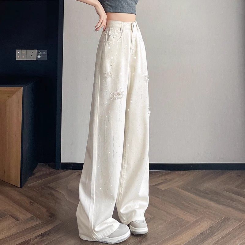Women's Summer High-Waisted Ice-Silk Wide-Leg Denim Jeans with Distressed Holes Draping Style with Rhinestone Accents and Floor-Sweeping Hem