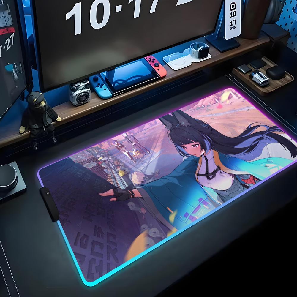 Miyabi Hoshimi Mouse Pad RGB Gaming Mousepad Big LED Pad PC Desk Mat Luminous Mouse Pad Large Keyboard Mats Table Rug With