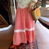VONDA Women Elastic Waist Front Lace Hem Floral Print Casual A-Line Pleated Swing Skirts