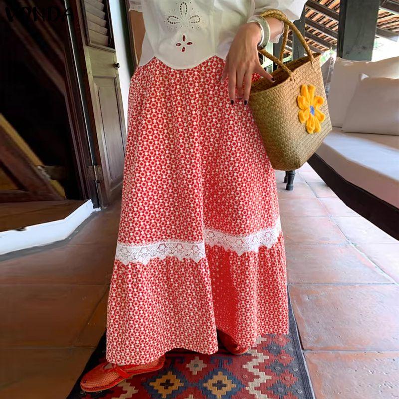 VONDA Women Elastic Waist Front Lace Hem Floral Print Casual A-Line Pleated Swing Skirts