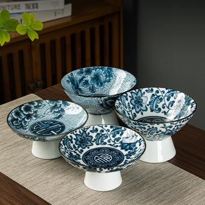 Blue and White Porcelain Ceramic Plate Dessert Plate Tall Fruit Tray Ice Cream Bowl Home Living Trinket Dish Kitchen Tableware