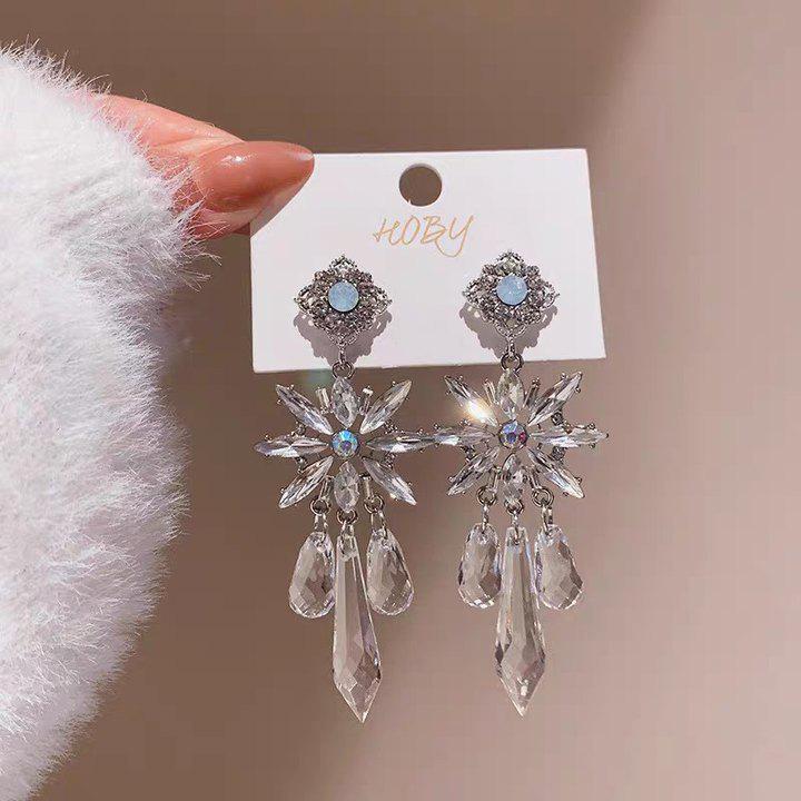 2025 Light Luxury Silver Needle Diamond Flower Tassel Earrings - Elegant European & American Style for Women