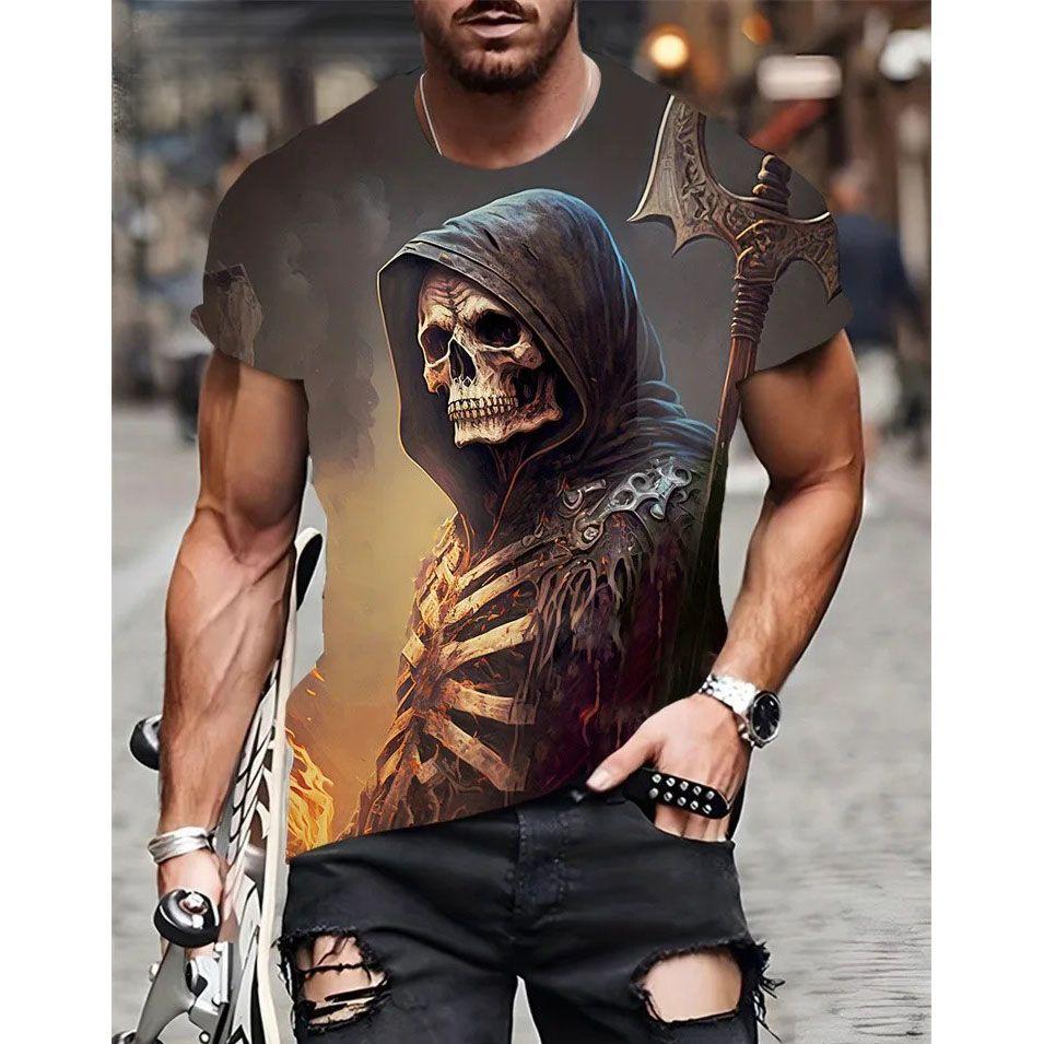 Death Skull Personalized 3D Printed T-shirt Summer New Men's Round Neck Short Sleeve European and American Trendy Large Size