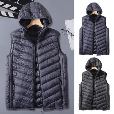 Men Winter Waistcoat Hooded Sleeveless Zipper Closure Vest Coat with Pockets Solid Color Casual Cotton Waistcoat
