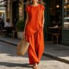 Women's Summer Casual 2 Piece Sets, Buttons Short Sleeve Top And Wide Leg Pants Matching Sets, Asymmetrical Hem Vacation Lounge Outfits