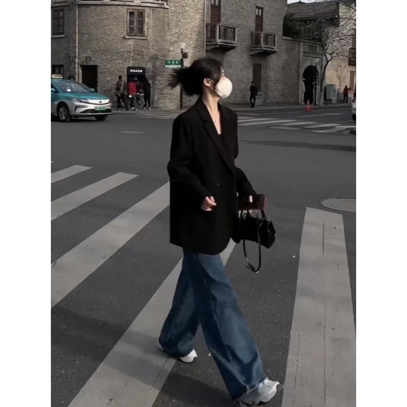 

Черный пиджак с подплечниками для женщин, весна и осень, новая корейская версия, сексуальный уличный стиль, свободный повседневный костюм S чёрный