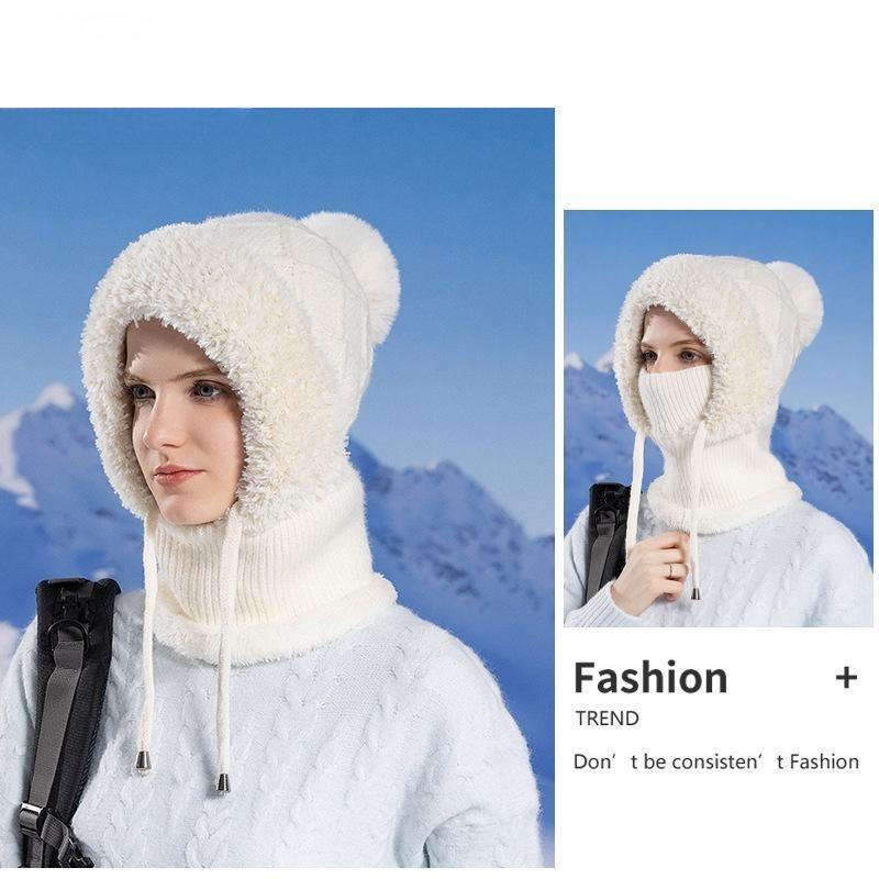 Winter Velvet Knitted Wool Hat Women's Ear Protection Hat Mask Scarf Integrated Thermal Pullover Hat