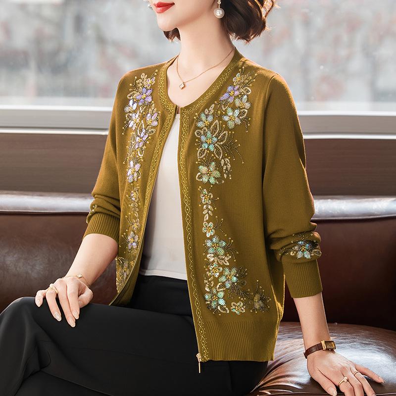 Women's Autumn/Winter Heavy Knit Cardigan with Butterfly Flower Embroidery & Hand Beading