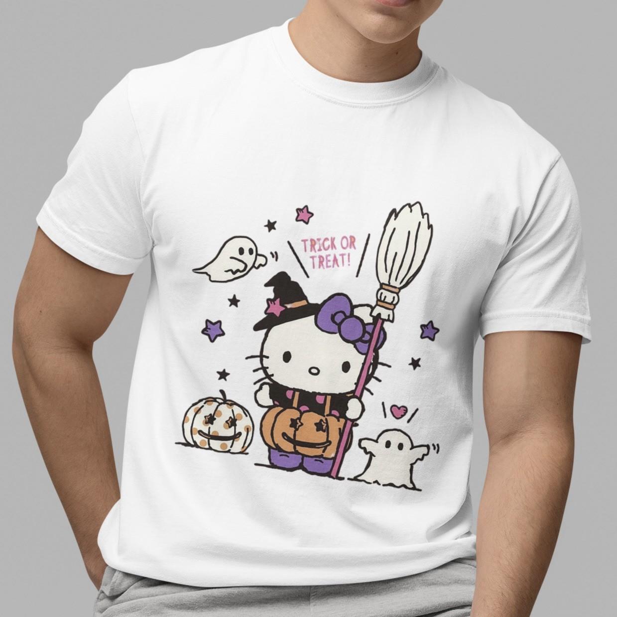 Hello Kitty Halloween Pumpkin Trick Or Treat Broom White Casual T-Shirt Unisex XXXXL
