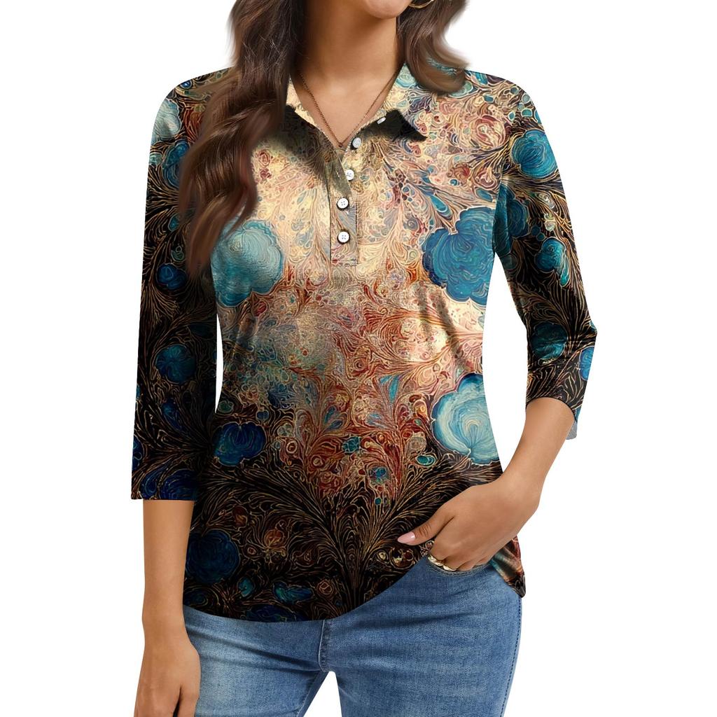 Damska Moda Casual Klapa Krótki Rękaw 3/4 Koszula z Nadrukiem Damskie Bluzki Zapinane na Guziki