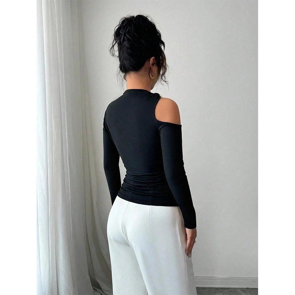 Long-Sleeve Top with Slanted Neckline, Metallic Embellishments