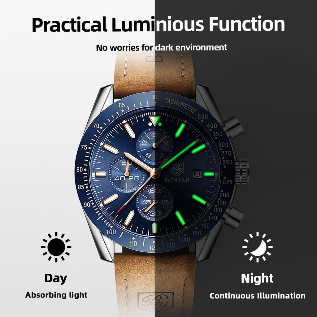 VON BENYAR Analog 30M Wasserdicht Leder Quarz Geschenk für Männer Herrenuhr, Chronograph, Uhr, Widerstandsfähig, Business, Einfach, Stilvoll, Beliebt, Formell, Armband,