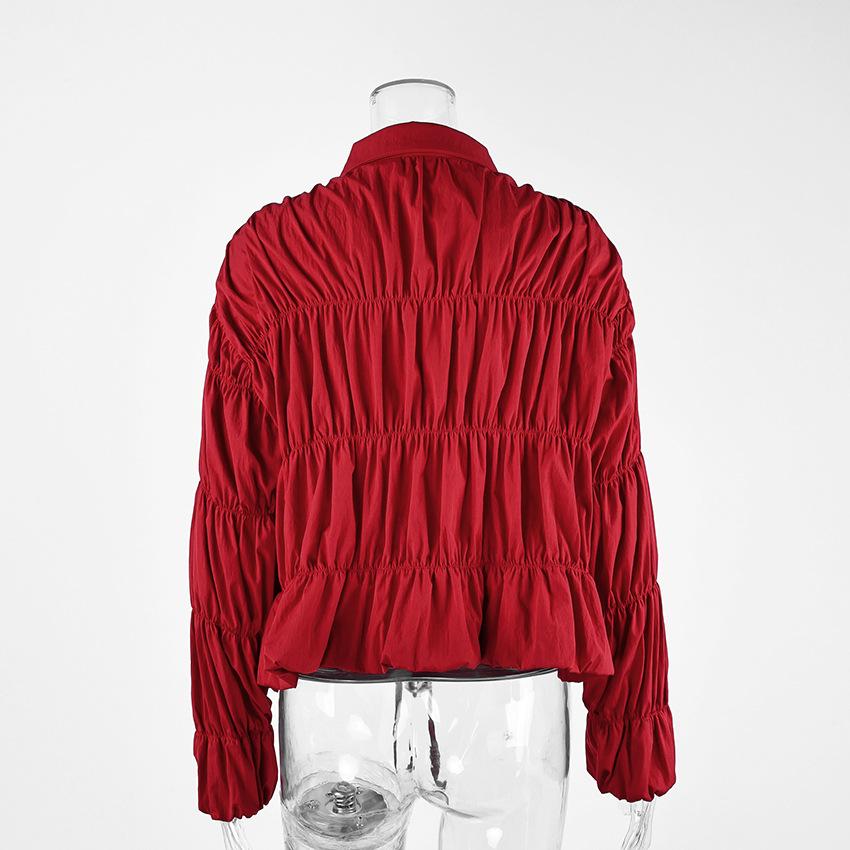Women's Red Ruched Jacket 2026 Autumn Stand Collar Zip Front Drawstring Hem Long Sleeve Cropped Windbreaker Streetwear Casual Outerwear for Women