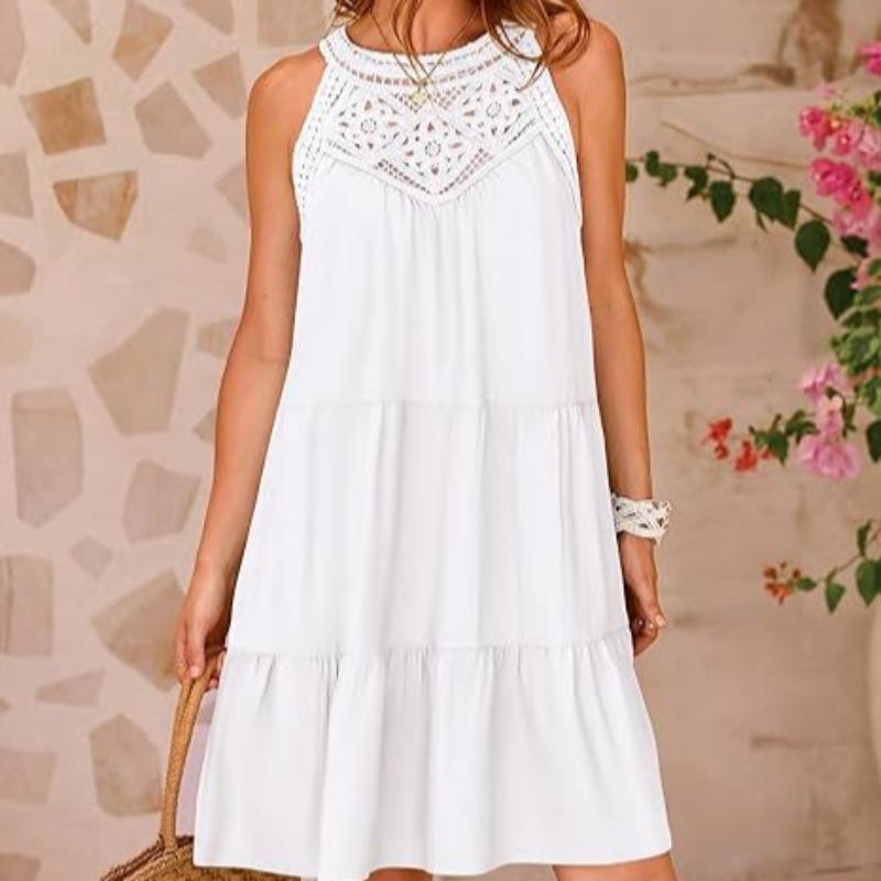 VEZFAA Damenmode Sommer Frühling Einfarbig Druck Ärmellos Hängender Hals Lose Taille Freizeitkleider