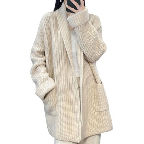 Sweater Coat Lapel Long Sleeve Open Front Knitting Sweater Coat with Pockets Solid Color Mid-length Casual